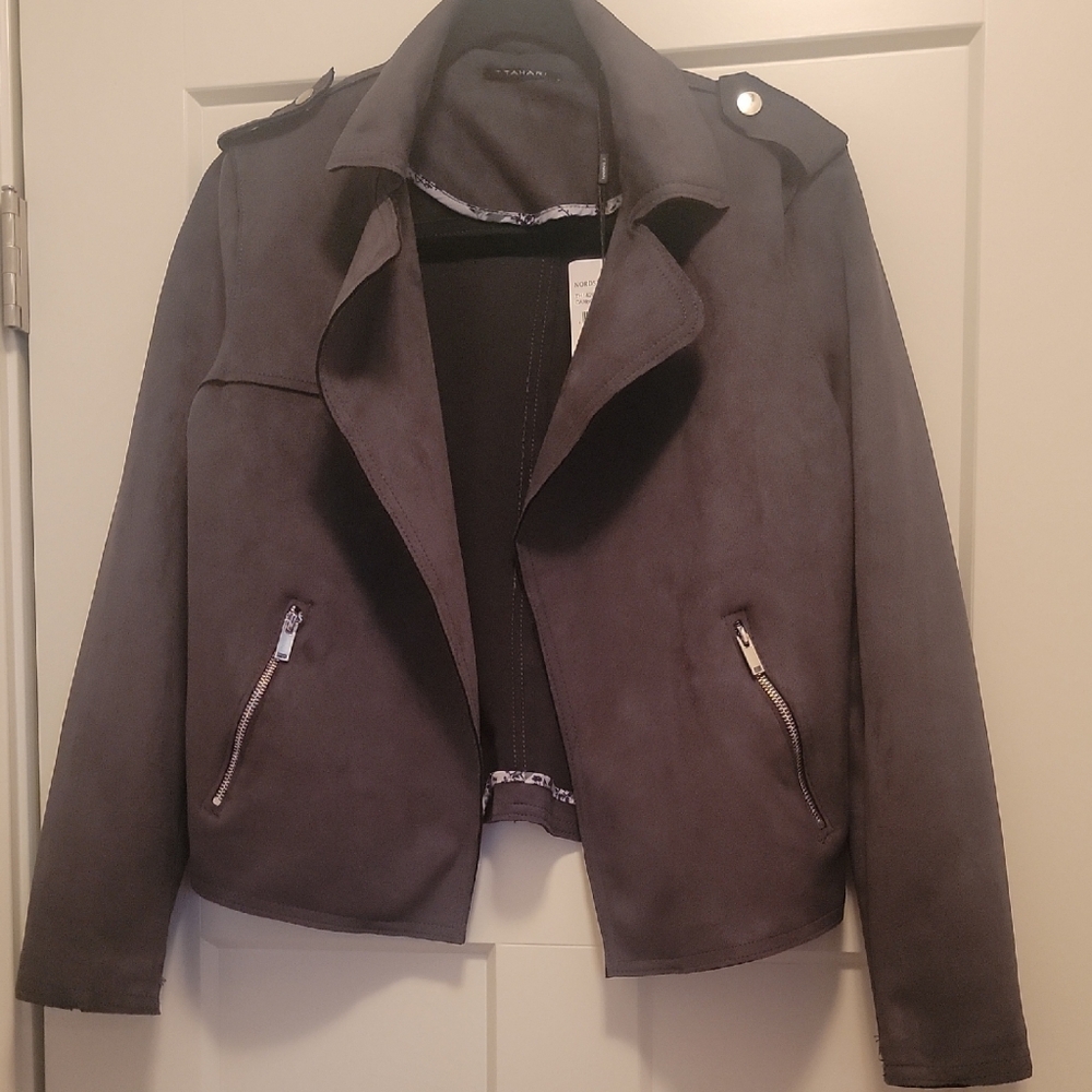 T Tahari Gray Suede Jacket Asymmetrical Moto Style Size S